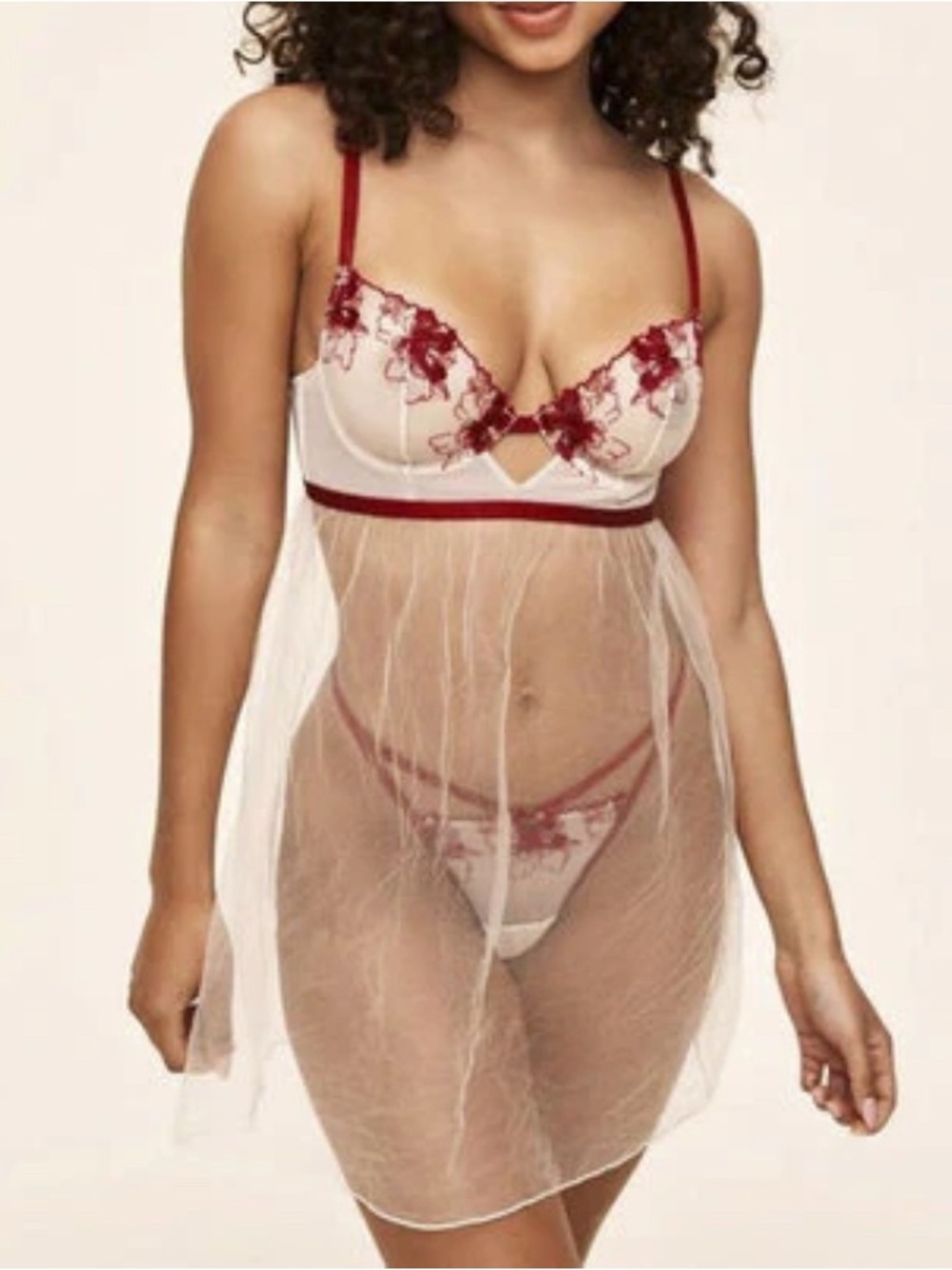 Adore Me Sheer Ivory Babydoll Chemise with Red Floral Embroidery Farah Babydoll